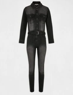 Combinaison Ajustée Ceinturée En Jean Gris Anthracite Femme -EllePort Soldes combinaison ajustee ceinturee en jean gris anthracite femme vue3 32536300951500103