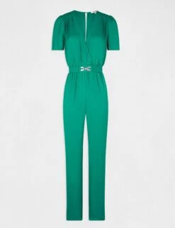 Combinaison Droite Fluide Satin Vert Moyen Femme -EllePort Soldes combinaison droite fluide satin vert moyen femme vue3 32536300930020608