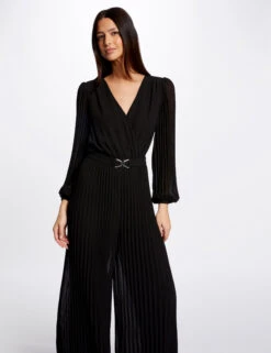 Combinaison Jambes Larges Plissée Noir Femme -EllePort Soldes combinaison jambes larges plissee noir femme vue5 32536300942420100