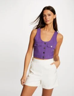 Crop Top Boutonné Sans Manches Violet Fonce Femme