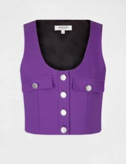 Crop Top Boutonné Sans Manches Violet Fonce Femme -EllePort Soldes crop top boutonne sans manches violet fonce femme vue3 32536300939380311