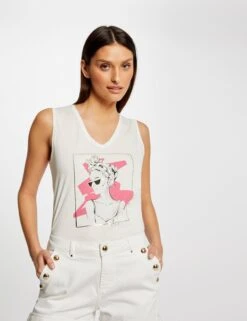 Débardeur Bretelles Larges à Inscription Ecru Femme