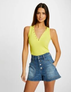 Débardeur Bretelles Larges Effet Côtelé Jaune Femme