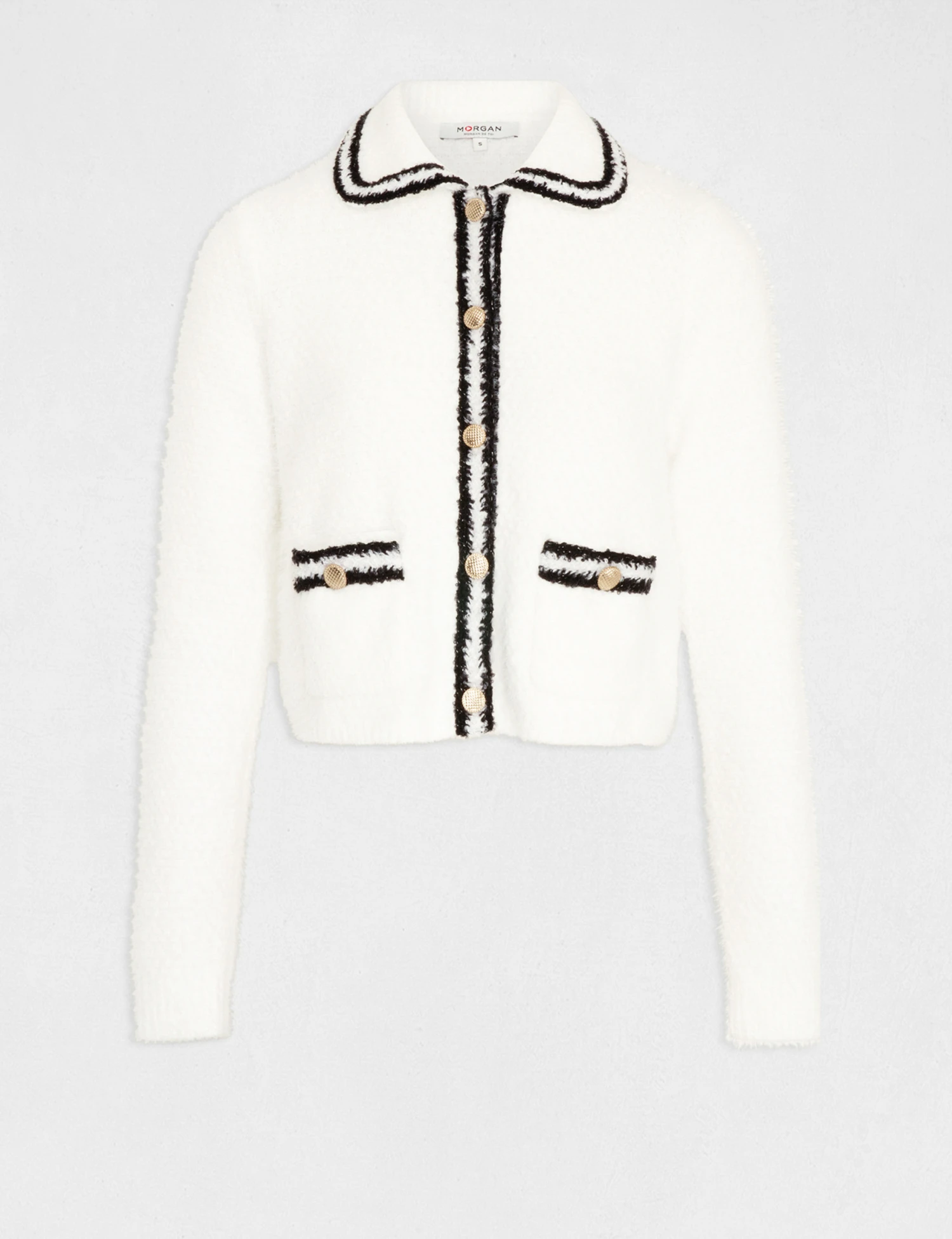 Gilet Boutonné à Bandes Contrastantes Ecru Femme 4 Gilet Boutonné à Bandes Contrastantes Ecru Femme – Image 4