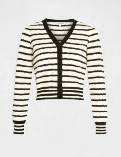 Gilet Boutonné Col En V à Rayures Ecru Femme -EllePort Soldes gilet boutonne col en v a rayures ecru femme vue3 32536300952250201