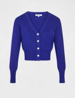 Gilet Col En V Manches Longues Bleu Moyen Femme -EllePort Soldes gilet col en v manches longues bleu moyen femme vue3 32536300950230316