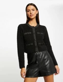 Gilet Col Rond Boutonné Noir Femme