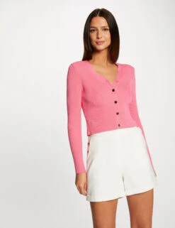 Gilet Manches Longues Boutonné Rose Femme