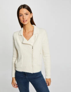 Gilet Zippé Maille Duveteuse Ivoire Femme