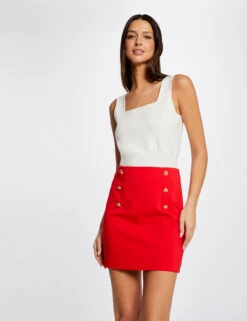 Jupe Droite Taille Haute à Ponts Rouge Femme