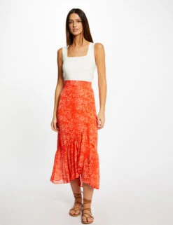 Jupe Longue Portefeuille Imprimé Léopard Orange Femme