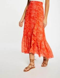 Jupe Longue Portefeuille Imprimé Léopard Orange Femme -EllePort Soldes jupe longue portefeuille imprime leopard orange femme vue5 32536300938130703