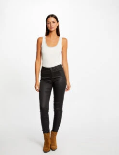 Pantalon Skinny Enduit à Détails Bijoux Noir Femme