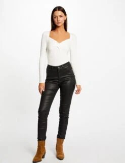 Pantalon Slim Enduit à Détails Cloutés Noir Femme