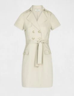 Robe Droite Boutonnée Ceinturée Beige Femme -EllePort Soldes robe droite boutonnee ceinturee beige femme vue3 32536300901780202