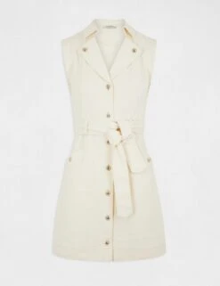 Robe Droite Boutonnée Ceinturée Ecru Moyen Femme -EllePort Soldes robe droite boutonnee ceinturee ecru moyen femme vue3 32536300930990213