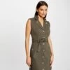 Robe Droite Boutonnée Ceinturée Vert Kaki Femme