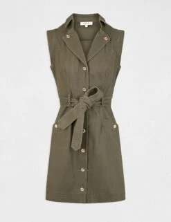 Robe Droite Boutonnée Ceinturée Vert Kaki Femme -EllePort Soldes robe droite boutonnee ceinturee vert kaki femme vue3 32536300930990715