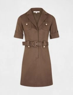 Robe Droite Ceinturée à Manches Courtes Vert Kaki Femme -EllePort Soldes robe droite ceinturee a manches courtes vert kaki femme vue3 32536300940750603