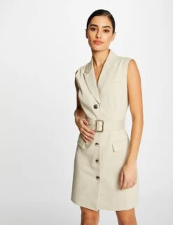 Robe Droite Sans Manches Ceinturée Beige Femme
