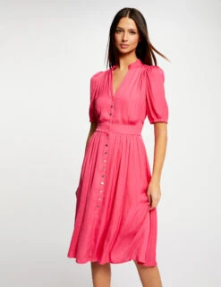 Robe Manches 3/4 Boutonnée à L'avant Rose Moyen Femme
