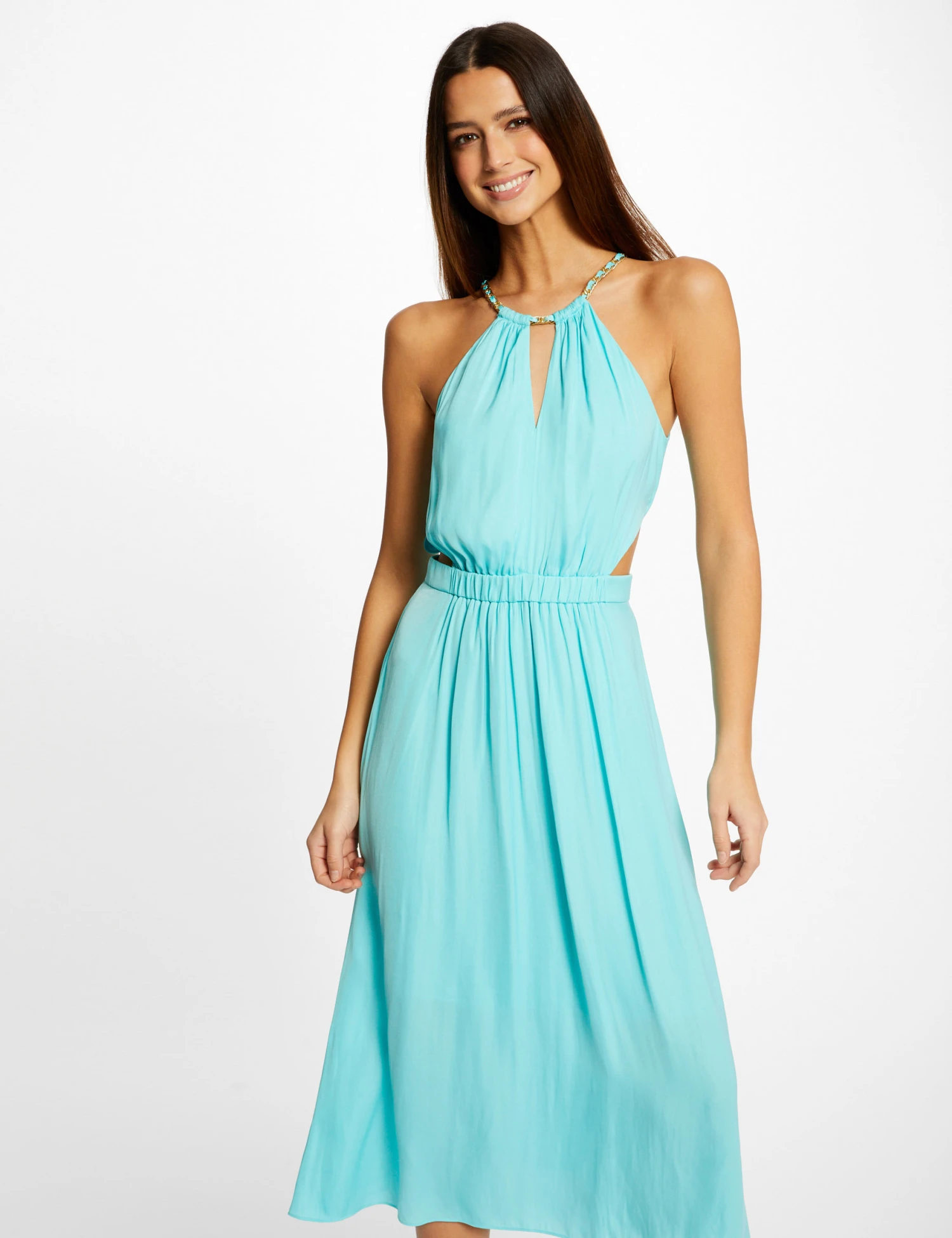 Robe Midi évasée à Encolure Américaine Bleu Clair Femme 4 Robe Midi évasée à Encolure Américaine Bleu Clair Femme – Image 4