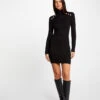Robe Pull Ajustée Col Roulé Et Boutons Noir Femme