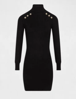 Robe Pull Ajustée Col Roulé Et Boutons Noir Femme -EllePort Soldes robe pull ajustee col roule et boutons noir femme vue3 32536300950010100