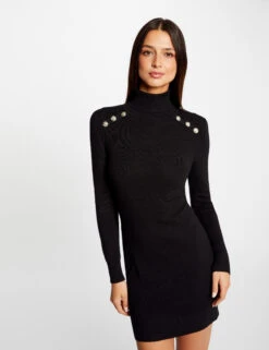 Robe Pull Ajustée Col Roulé Et Boutons Noir Femme -EllePort Soldes robe pull ajustee col roule et boutons noir femme vue5 32536300950010100