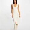 Robe Pull Midi Ajustée Col En V Ivoire Femme