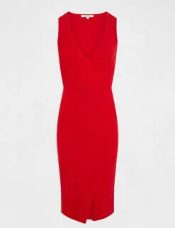 Robe Pull Midi Ajustée Col En V Rouge Femme -EllePort Soldes robe pull midi ajustee col en v rouge femme vue3 32536300949840500