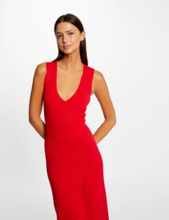 Robe Pull Midi Ajustée Col En V Rouge Femme -EllePort Soldes robe pull midi ajustee col en v rouge femme vue5 32536300949840500