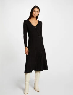Robe Pull Midi Patineuse Bas Plissé Noir Femme -EllePort Soldes robe pull midi patineuse bas plisse noir femme vue5 32536300953900100