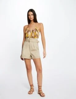 Short Ample Taille Haute Ceinturé Beige Femme -EllePort Soldes short ample taille haute ceinture beige femme vue6 32536300938020202