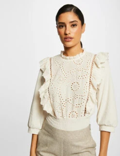 T-shirt Manches 3/4 Avec Broderie Ivoire Femme