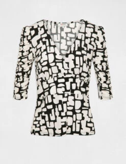 T-shirt Manches 3/4 Imprimé Géométrique Ecru Femme -EllePort Soldes t shirt manches 34 imprime geometrique ecru femme vue3 32536300924220201