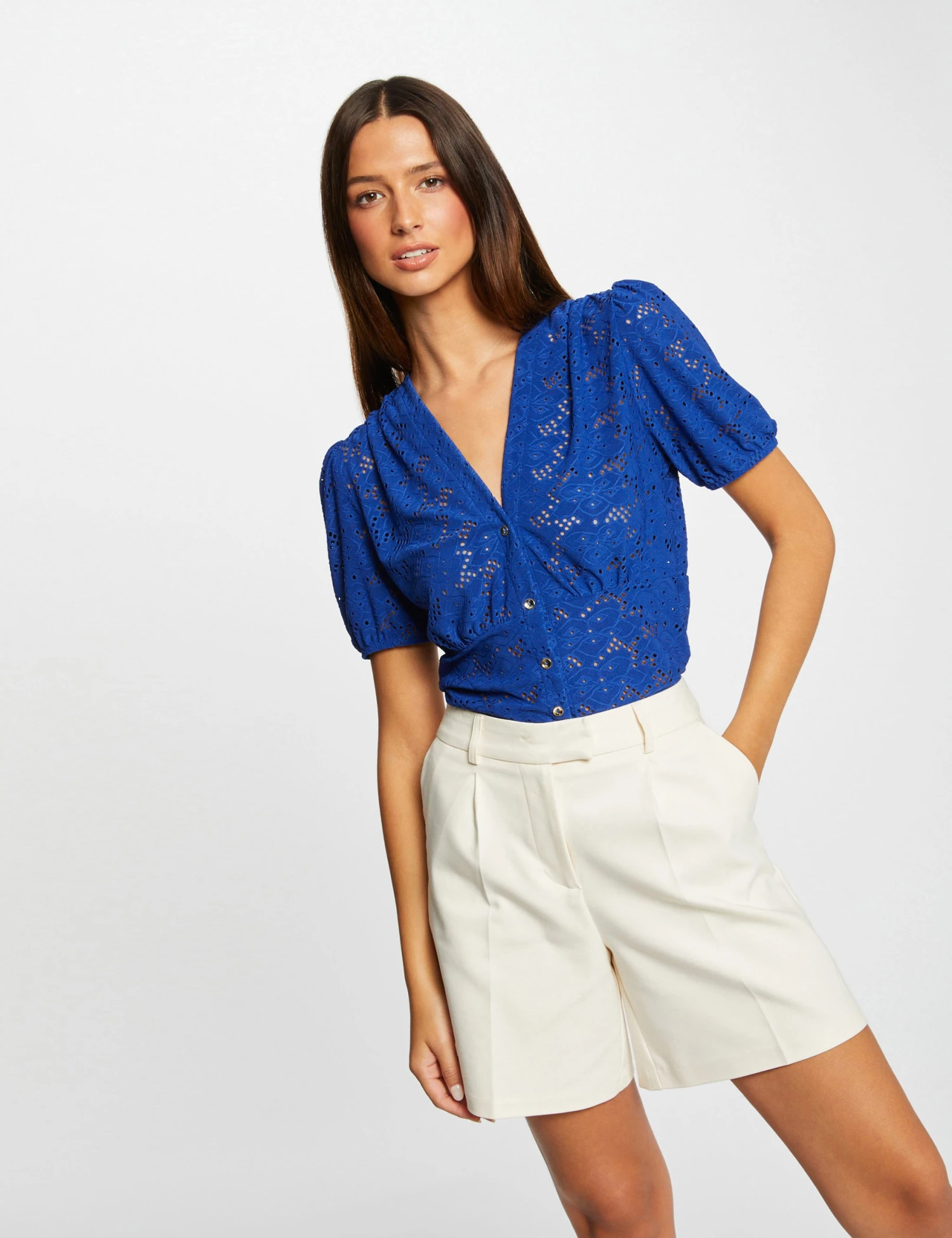 T-shirt Manches Courtes à Broderie Bleu Electrique Femme 1 T-shirt Manches Courtes à Broderie Bleu Electrique Femme