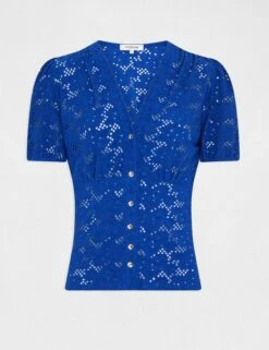 T-shirt Manches Courtes à Broderie Bleu Electrique Femme 8 T-shirt Manches Courtes à Broderie Bleu Electrique Femme -EllePort Soldes t shirt manches courtes a broderie bleu electrique femme vue3 32536300962690314