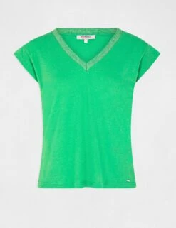 T-shirt Manches Courtes à Col En V Vert Femme -EllePort Soldes t shirt manches courtes a col en v vert femme vue3 32536300896410600