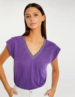 T-shirt Manches Courtes à Col En V Violet Fonce Femme