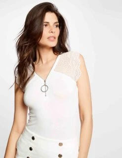 T-shirt Manches Courtes à Dentelle Ecru Femme