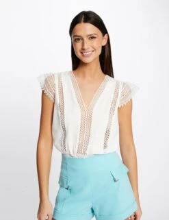 T-shirt Manches Courtes à Dentelle Ecru Femme