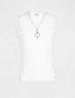 T-shirt Manches Courtes à Dentelle Ecru Femme -EllePort Soldes t shirt manches courtes a dentelle ecru femme vue3 32536300901300201