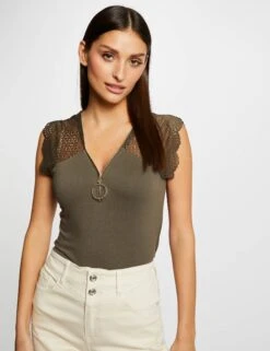 T-shirt Manches Courtes à Dentelle Vert Kaki Femme