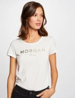 T-shirt Manches Courtes à Inscription Ecru Femme