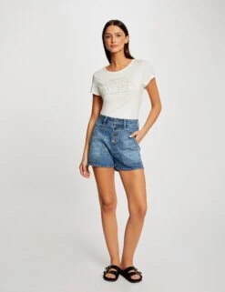 T-shirt Manches Courtes à Inscription Ecru Femme -EllePort Soldes t shirt manches courtes a inscription ecru femme vue5 32536300939160201