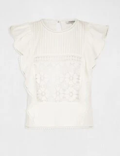 T-shirt Manches Courtes à Volants Ecru Femme -EllePort Soldes t shirt manches courtes a volants ecru femme vue3 32536300939200201