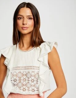 T-shirt Manches Courtes à Volants Ecru Femme -EllePort Soldes t shirt manches courtes a volants ecru femme vue4 32536300939200201