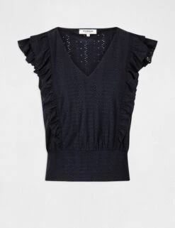 T-shirt Manches Courtes Brodé à Volants Marine Femme -EllePort Soldes t shirt manches courtes brode a volants marine femme vue3 32536300967440301