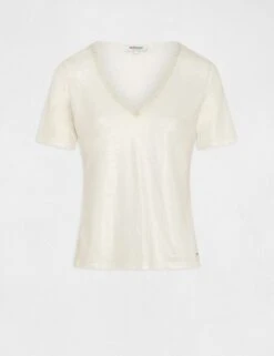 T-shirt Manches Courtes Col En V Ecru Femme -EllePort Soldes t shirt manches courtes col en v ecru femme vue3 32536300939110201